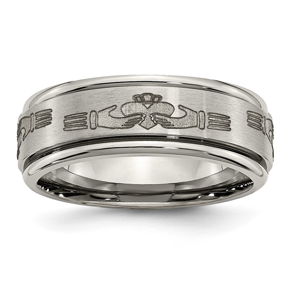 Chisel Titanium Brushed and Polished Claddagh Laser Design 8mm Ridged Edge Band