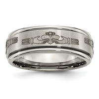 Load image into Gallery viewer, Chisel Titanium Brushed and Polished Claddagh Laser Design 8mm Ridged Edge Band
