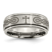 Load image into Gallery viewer, Chisel Titanium Brushed and Polished Cross Laser Design 8mm Ridged Edge Band
