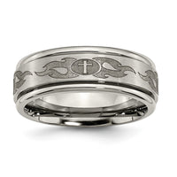 Load image into Gallery viewer, Chisel Titanium Brushed and Polished Cross Laser Design 8mm Ridged Edge Band
