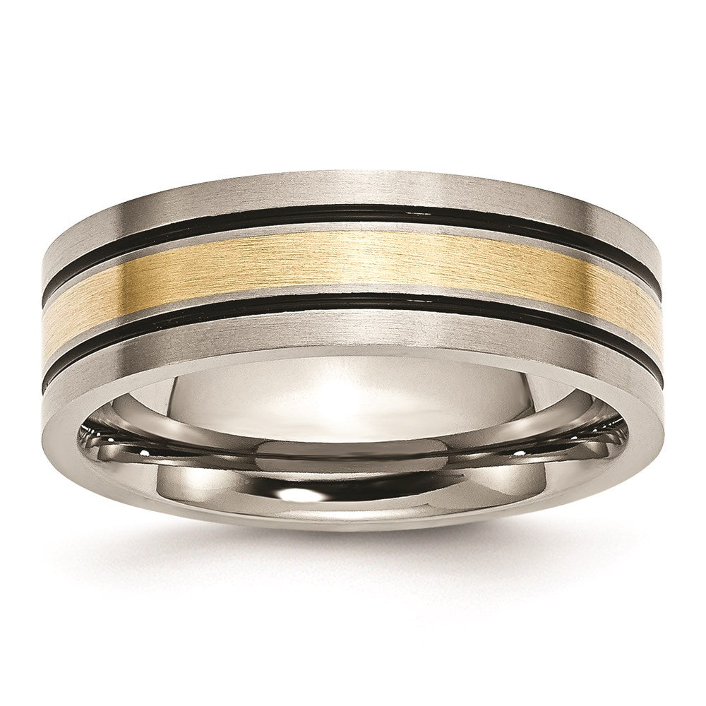 Chisel Titanium Antiqued and Brushed with 14k Gold Inlay 7mm Flat Band