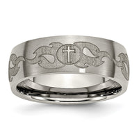 Load image into Gallery viewer, Chisel Titanium Brushed Cross with Flames Laser Design 8mm Band
