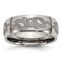 Load image into Gallery viewer, Chisel Titanium Polished Cross with Flames Laser Design 8mm Band
