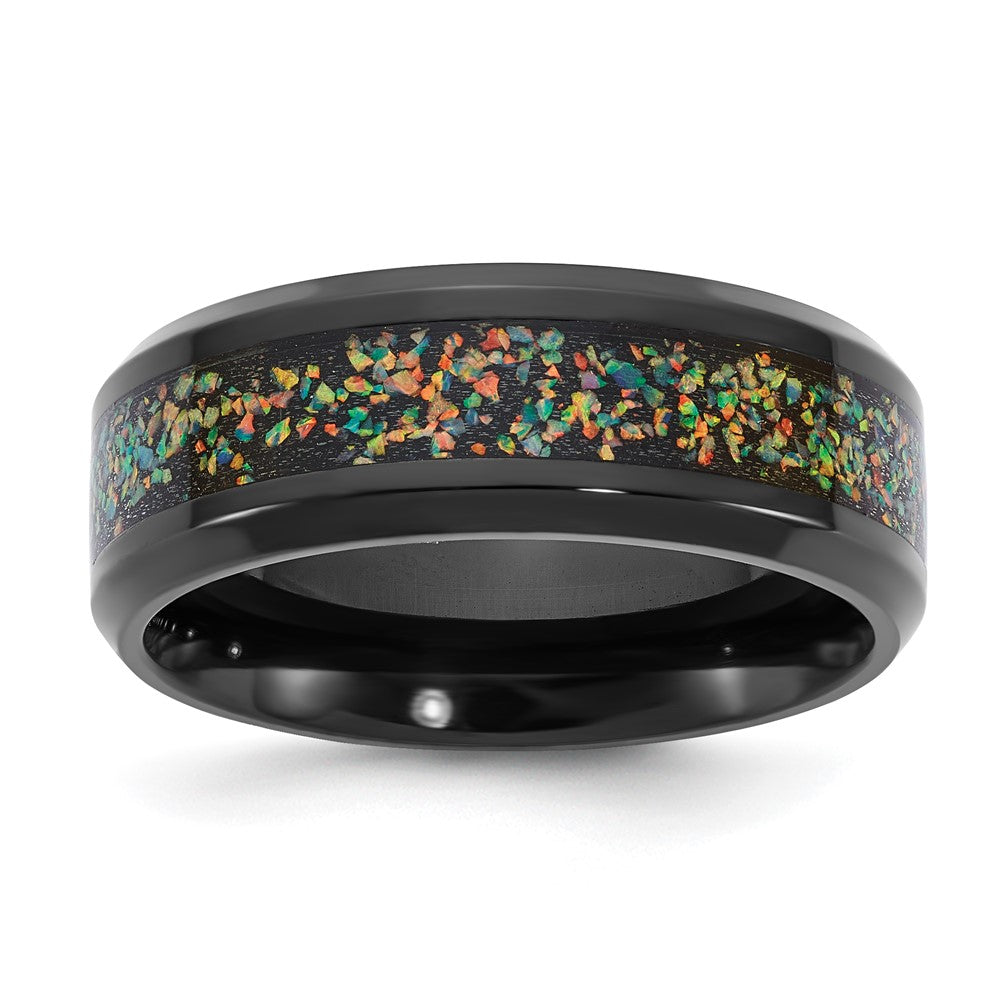 Chisel Titanium Polished Black IP-plated Multi-color Opal Inlay 8mm Band