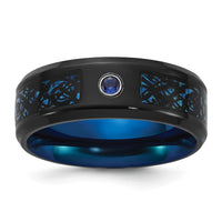 Load image into Gallery viewer, Chisel Titanium Polished Black and Blue IP-plated with Blue CZ Carbon Fiber Inlay in Clear Epoxy 8mm Band
