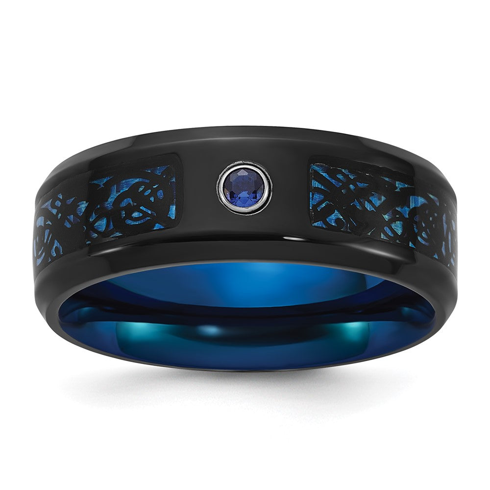 Chisel Titanium Polished Black and Blue IP-plated with Blue CZ Carbon Fiber Inlay in Clear Epoxy 8mm Band