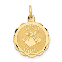 Load image into Gallery viewer, 14k Polished IT&#39;S A GIRL Scalloped Disc Charm
