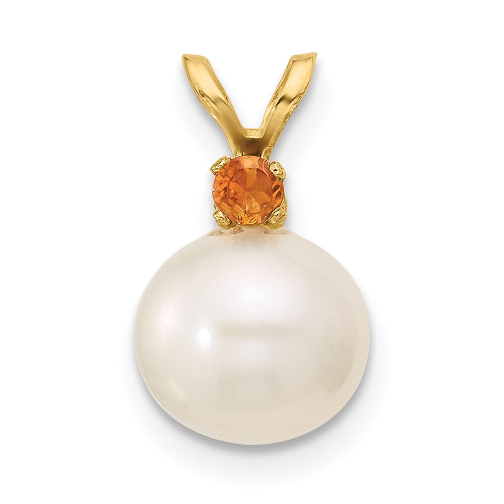 14k 8-8.5mm White Round Freshwater Cultured Pearl and .09CI Citrine Pendant