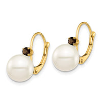 Load image into Gallery viewer, 14K 8-8.5mm White Round FWC Pearl Smokey Quartz Leverback Earrings
