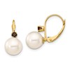14K 8-8.5mm White Round FWC Pearl Smokey Quartz Leverback Earrings