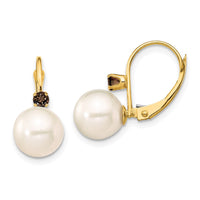 Load image into Gallery viewer, 14K 8-8.5mm White Round FWC Pearl Smokey Quartz Leverback Earrings
