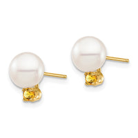 Load image into Gallery viewer, 14k 7-7.5mm White Round Freshwater Cultured Pearl and .14CI Citrine Post Earrings
