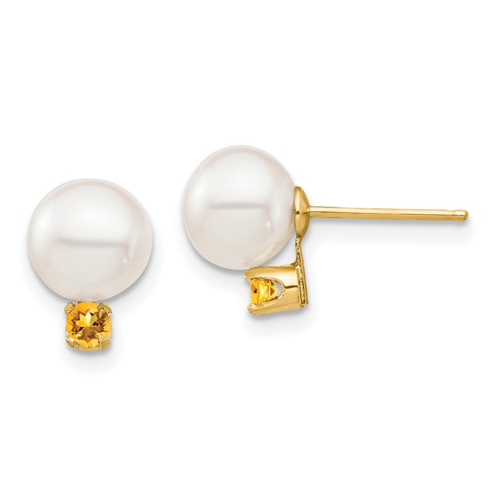 14k 7-7.5mm White Round Freshwater Cultured Pearl and .14CI Citrine Post Earrings