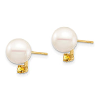 Load image into Gallery viewer, 14k 8-8.5mm White Round Freshwater Cultured Pearl and .14CI Citrine Post Earrings
