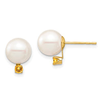Load image into Gallery viewer, 14k 8-8.5mm White Round Freshwater Cultured Pearl and .14CI Citrine Post Earrings
