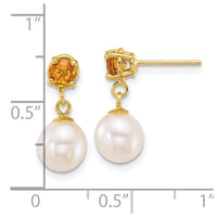 Load image into Gallery viewer, 14k Polished 7-8mm Round White Freshwater Cultured Pearl and Citrine Dangle Post Earrings
