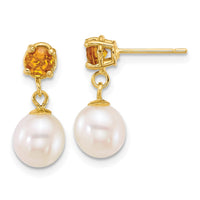 Load image into Gallery viewer, 14k Polished 7-8mm Round White Freshwater Cultured Pearl and Citrine Dangle Post Earrings
