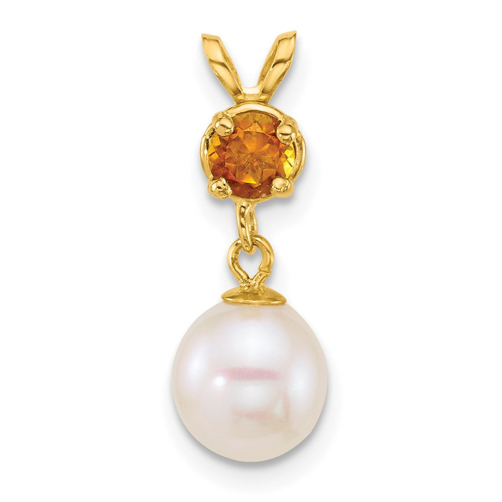 14k Polished 7-8mm Round White Freshwater Cultured Pearl Dangle and Citrine Pendant