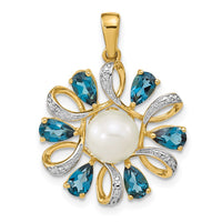 Load image into Gallery viewer, 14k Diamond and 6-7mm Button FWC Pearl/London Blue Topaz Pendant
