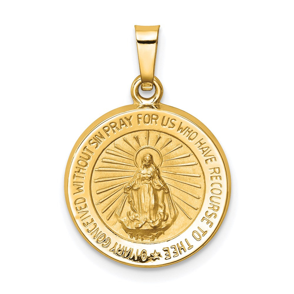 14k Polished and Satin Miraculous Medal Hollow Pendant