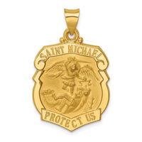 Load image into Gallery viewer, 14k Polished and Satin St. Michael Badge Medal Hollow Pendant

