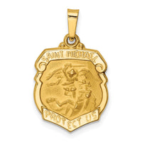 Load image into Gallery viewer, 14k Polished and Satin St Michael Badge Medal Hollow Pendant
