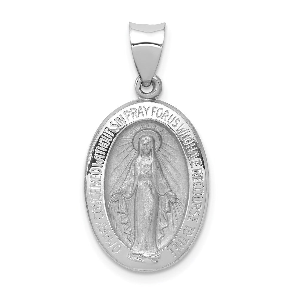 14k White Gold Polished / Satin Miraculous Medal Hollow Pendant