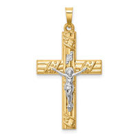 Load image into Gallery viewer, 14k Two-tone Hollow Polished Textured &amp; Striped Latin Crucifix
