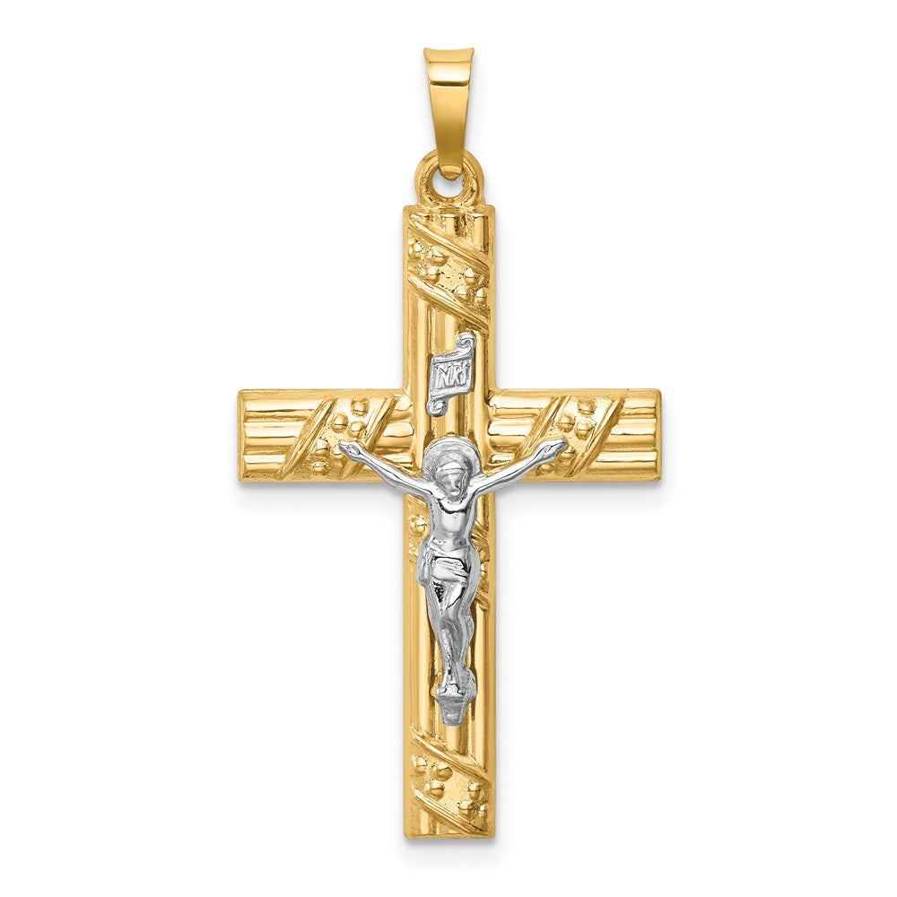 14k Two-tone Hollow Polished Textured & Striped Latin Crucifix