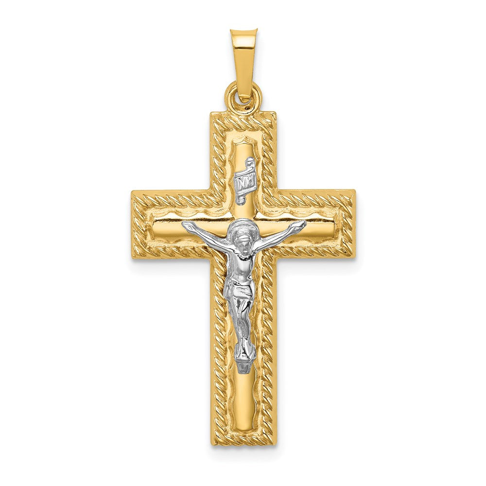 14k Two-tone Hollow Polished Rope Edge Latin Crucifix