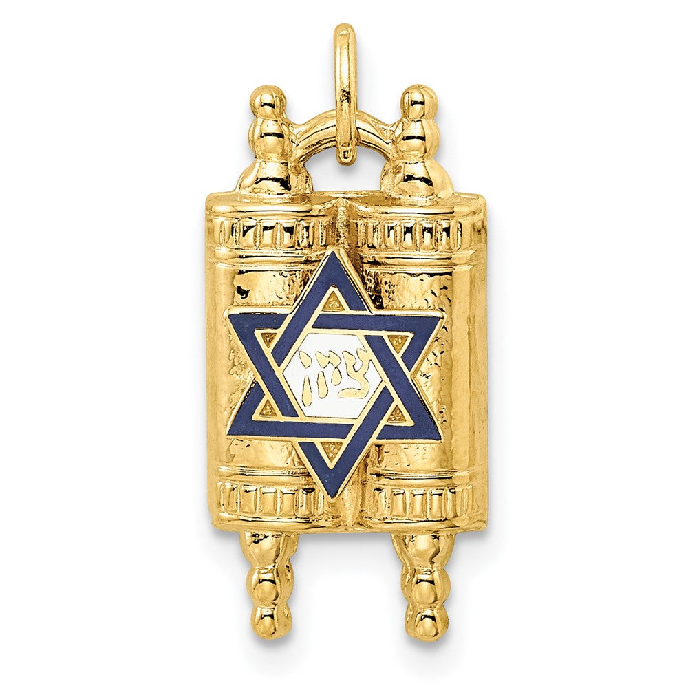 14k Polished Solid Torah and Enameled Star of David Pendant