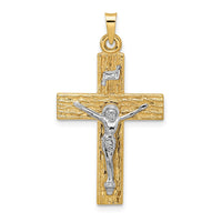 Load image into Gallery viewer, 14k Two-tone Polished Wood Texture Solid INRI Crucifix Pendant
