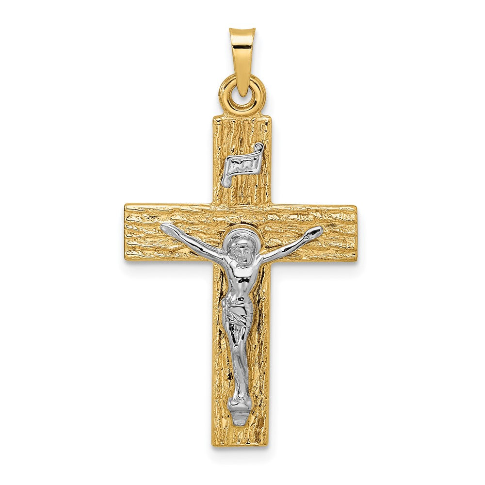 14k Two-tone Polished Wood Texture Solid INRI Crucifix Pendant