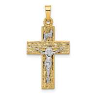 Load image into Gallery viewer, 14k Two-tone Polished Wood Texture Solid INRI Crucifix Pendant
