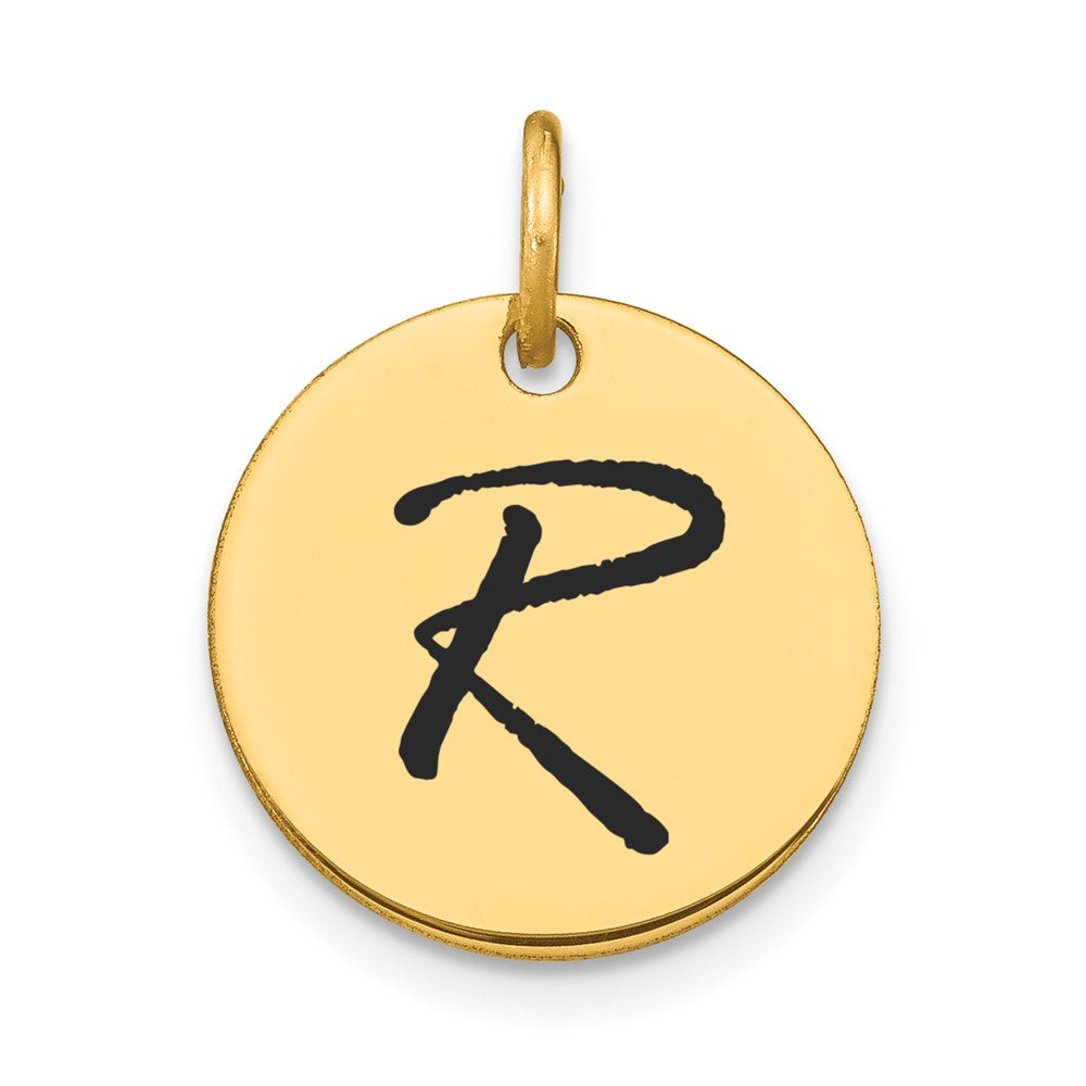 14k Polished Black Enamel Letter R Initial Disk Charm