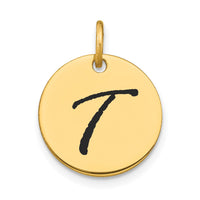 Load image into Gallery viewer, 14k Polished Black Enamel Letter T Initial Disk Charm
