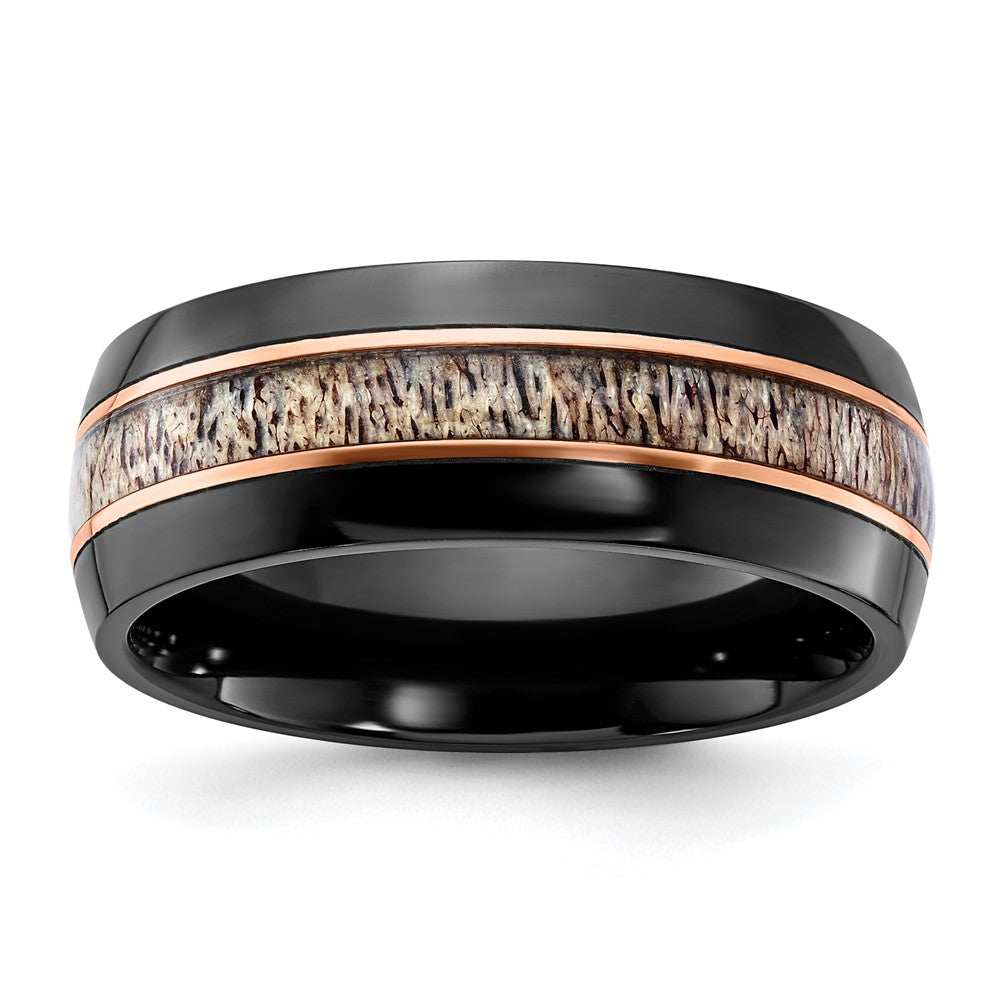 Chisel Black Zirconium Polished Rose IP-plated with Antler Inlay 8mm Band