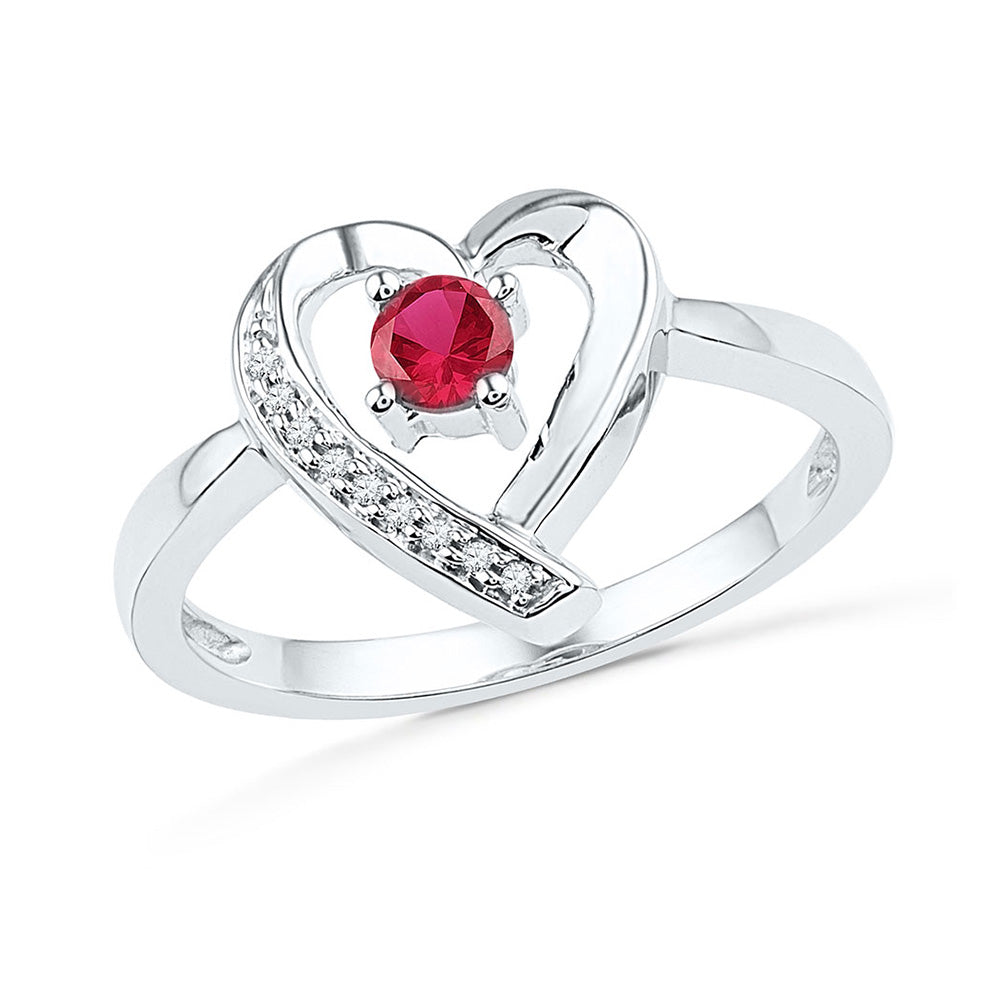 10kt White Gold Womens Round Synthetic Ruby Heart Ring 1/4 Cttw