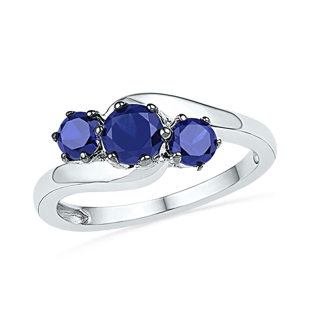 10kt White Gold Womens Round Synthetic Blue Sapphire 3-stone Ring 1-1/2 Cttw