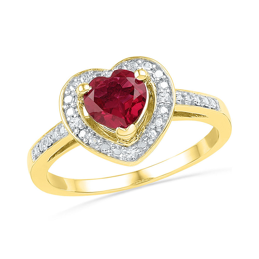 10kt Yellow Gold Womens Round Synthetic Ruby Heart Ring 1 Cttw