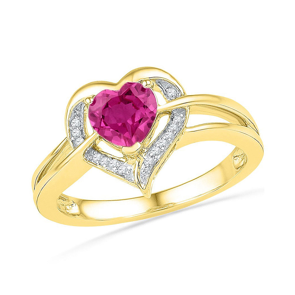 10kt Yellow Gold Womens Round Synthetic Pink Sapphire Heart Ring 1 Cttw