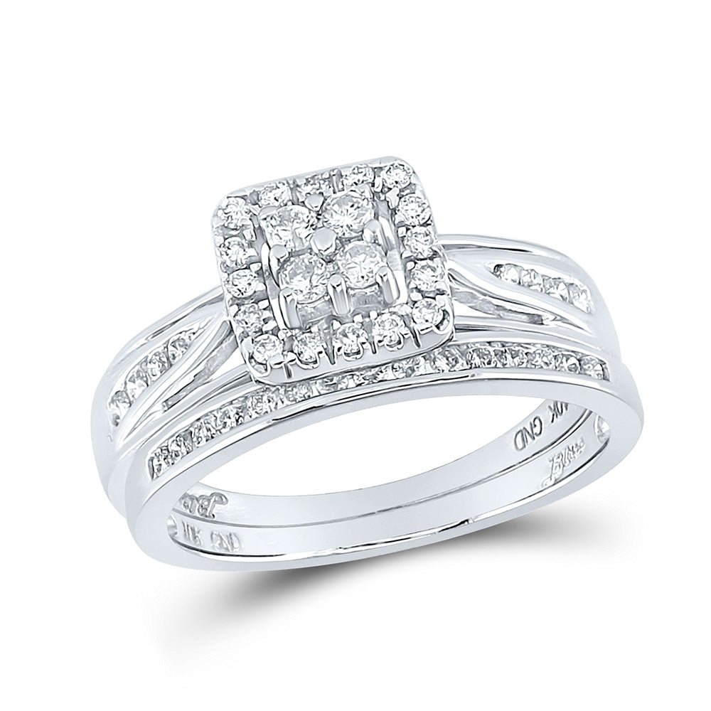 10kt White Gold Round Diamond Cluster Bridal Wedding Ring Band Set 1/2 Cttw