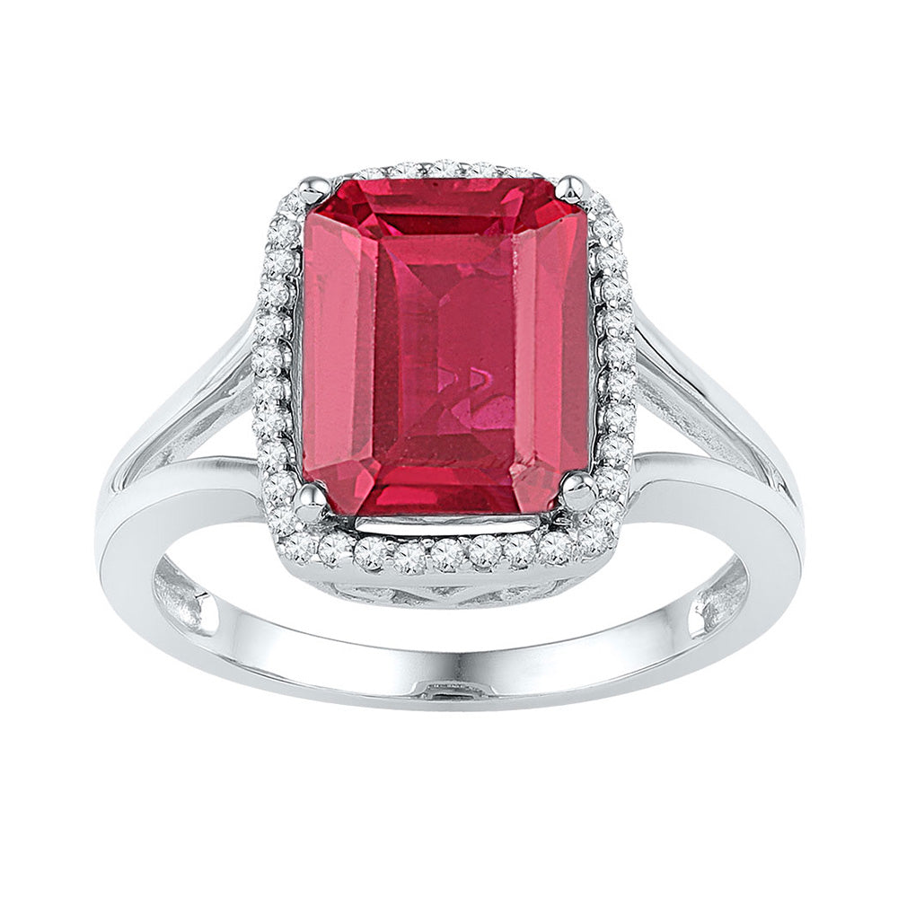 10kt White Gold Womens Emerald Synthetic Ruby Solitaire Diamond Ring 4-5/8 Cttw