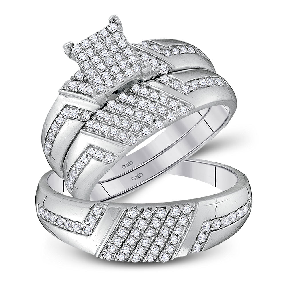 10kt White Gold His Hers Round Diamond Cluster Matching Wedding Set 3/4 Cttw