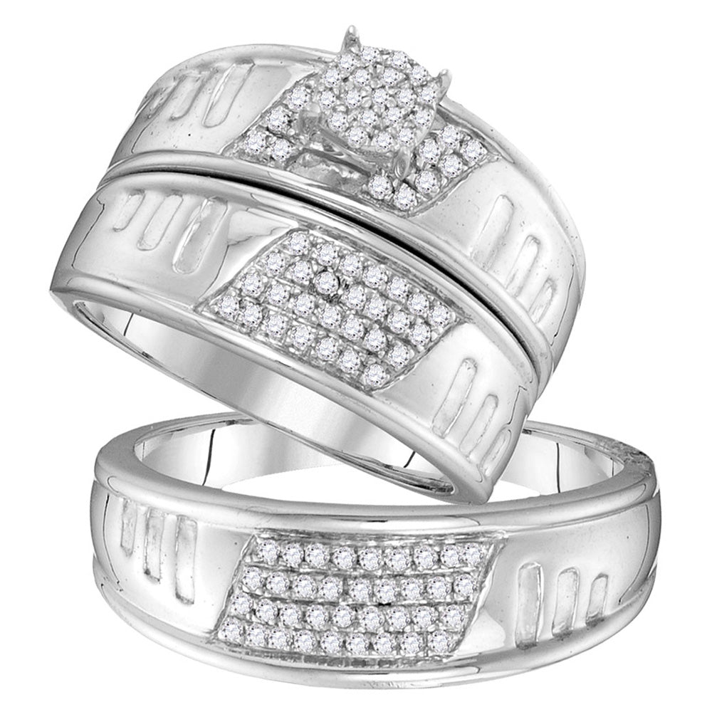 10kt White Gold His Hers Round Diamond Cluster Matching Wedding Set 3/8 Cttw