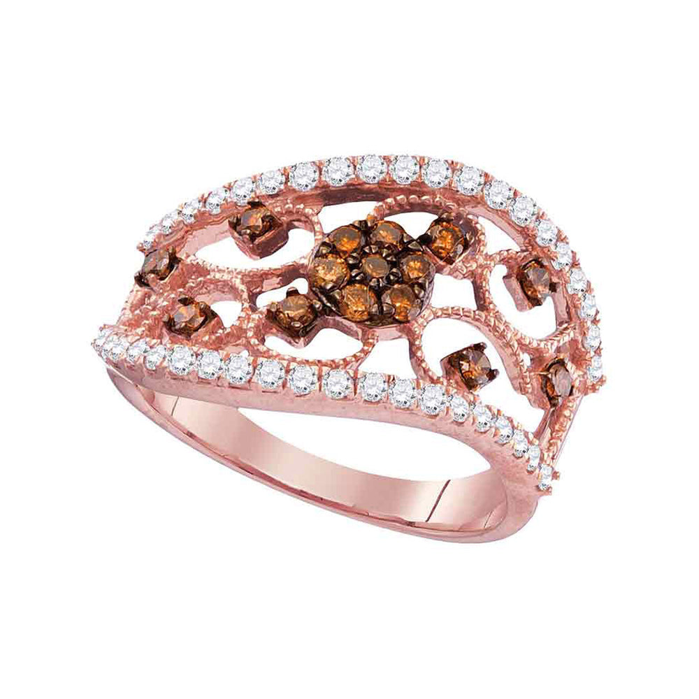 10kt Rose Gold Womens Round Brown Diamond Filigree Band Ring 7/8 Cttw