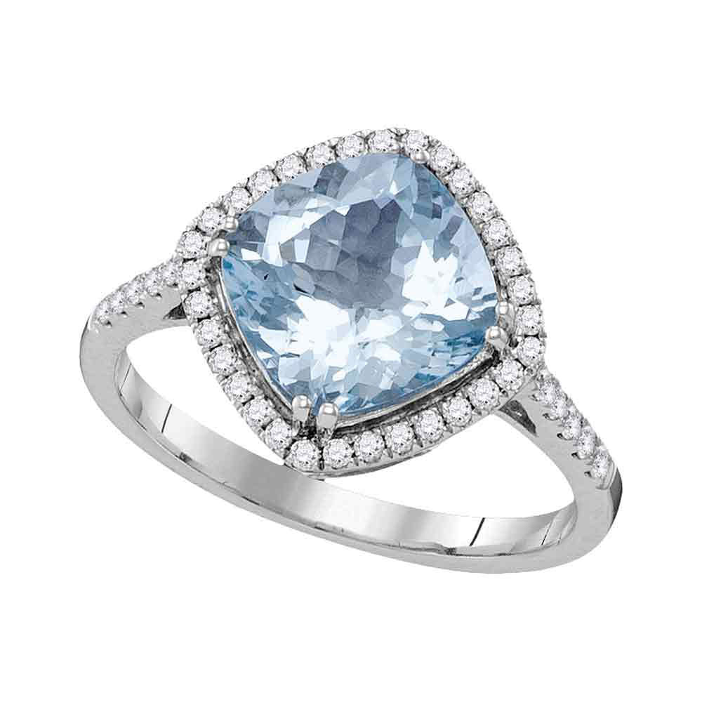 14kt White Gold Womens Cushion Aquamarine Diagonal Solitaire Ring 3 Cttw