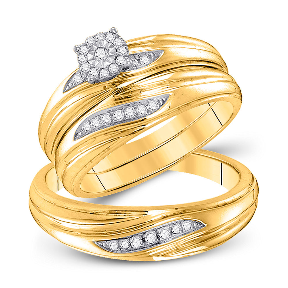 10k Yellow Gold Diamond His Hers Matching Trio Wedding Engagement Bridal Ring Set 1/5 Cttw