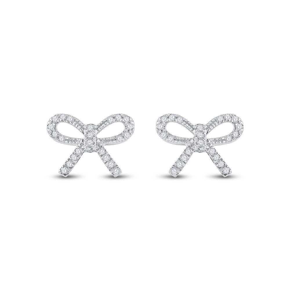 10kt White Gold Womens Round Diamond Ribbon Bow Fashion Earrings 1/5 Cttw