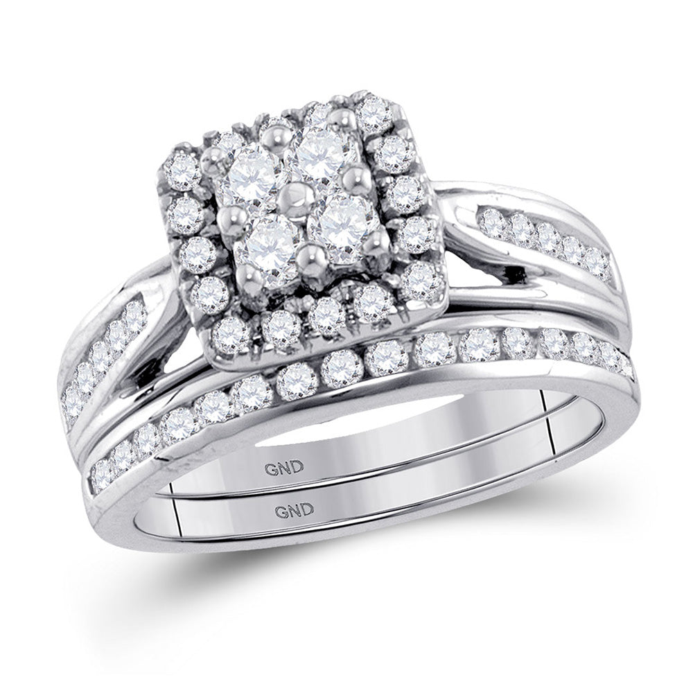 10kt White Gold Round Diamond Cluster Bridal Wedding Ring Band Set 1 Cttw